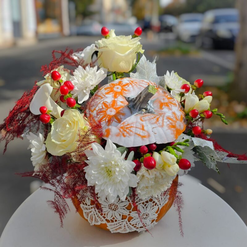 Dovleac decorativ „Alb‑Roșu cu Dantelă” – Flori naturale | Florăria Vows – Livrare Brăila